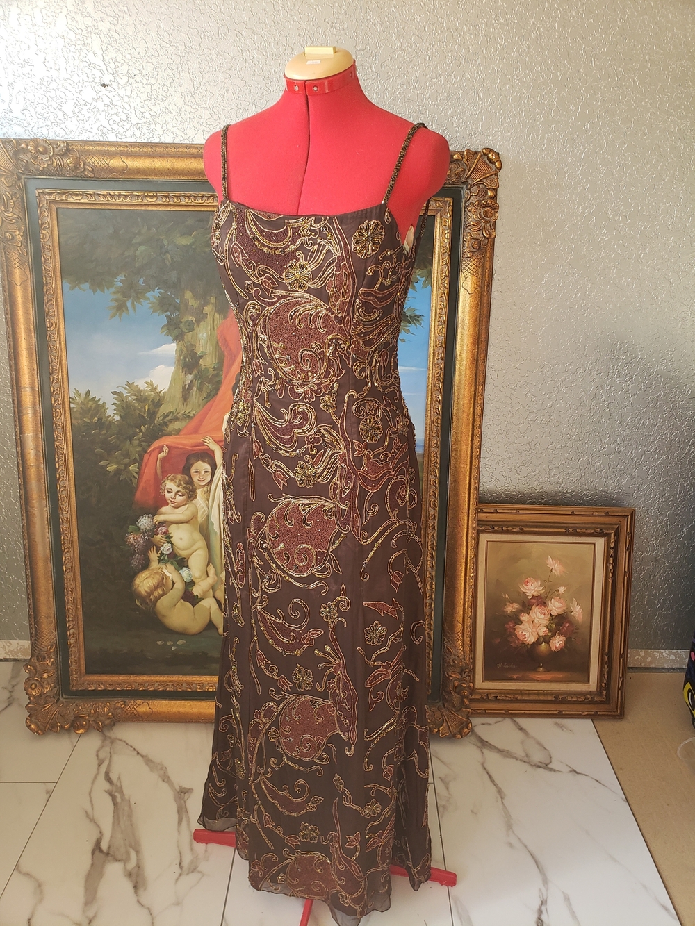 Mia Bella Brown Paisley Embroidered Maxi Dress with Gold Accents